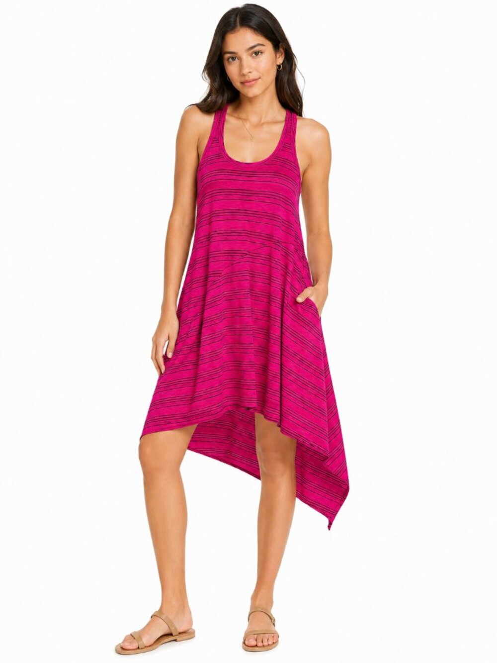 WILT Asymmetrical Tank Dress Hot Pink Black Striped Pockets Racerback USA Small